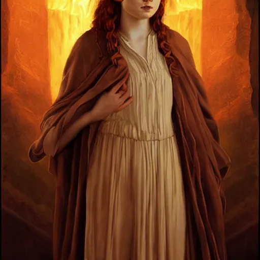 Prompt: sadie sink as a devilish standing in the front of gates of hell. angel is draped with bones. digital painting. art station. mood lighting. skindness, highly detailed, concept art, intricate, sharp focus, einar jonsson and bouguereau - h 1 2 0 0