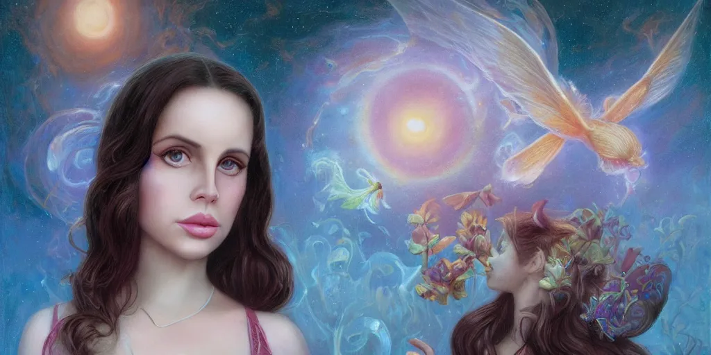 Image similar to big-eyed Lana Del Rey staring into the camera, sundown misty firefly wisps, Lilia Alvarado, Sophie Anderson, Mark Arian, Bob Byerley, Charlie Bowater, Mark Brooks, Steve Henderson, Justin Gerard, Arthur Hughes, Edward Robert Hughes, Mark Keathley, Victor Nizovtsev, Carlos Shwabe, Ross Tran, WLOP