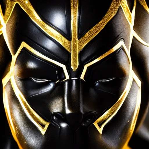 Image similar to a close up photo of a detailed golden statue of Black Panther, 8K,