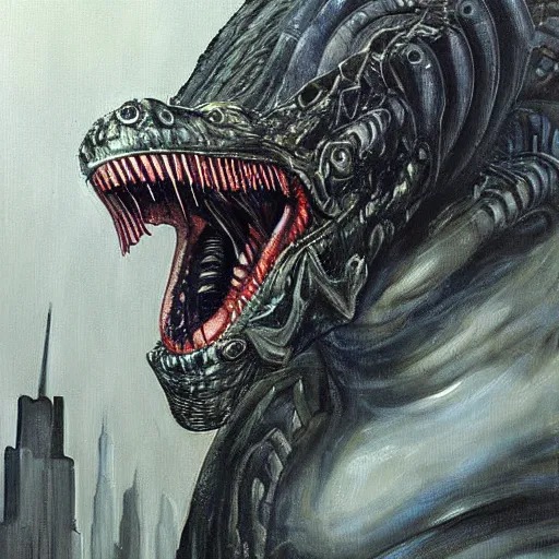 Prompt: godzilla xenomorph, hr giger painting