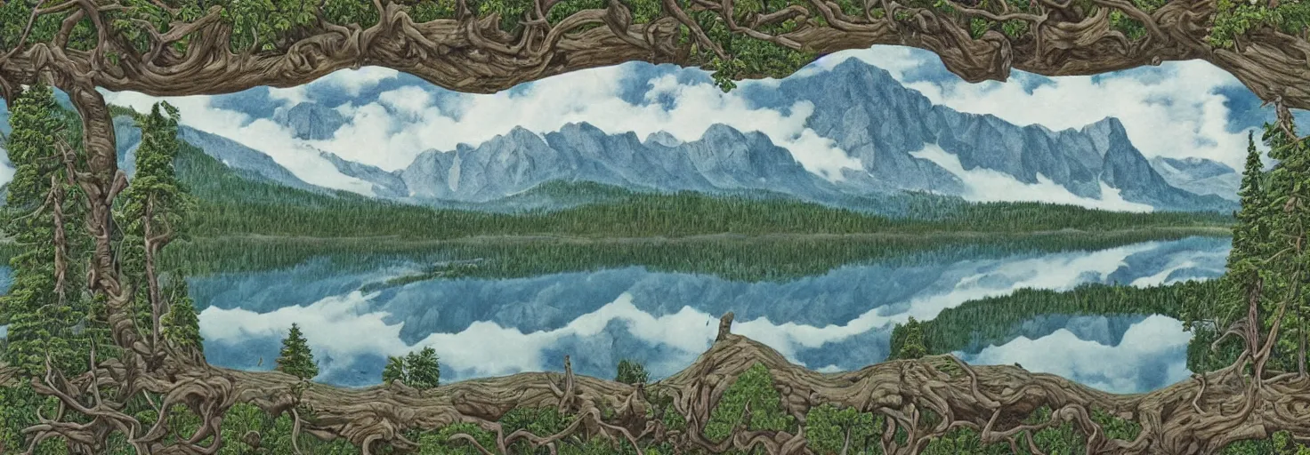 Image similar to escher painting of a lake, big trees reflecting on lake surface, mountains at background, snowy, ultra sharp, ultra detailed, uplifting emotion, colorized by salvador