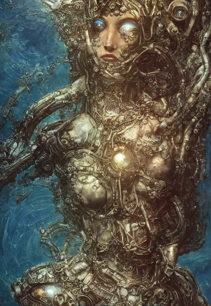 Prompt: closeup symmetry! biblical diabolical bautiful cyborg girl, glowing veins, intricate detailed porcelain armor, ocean on alien planet titan, underwater photography, by gerald brom, by mikhail vrubel, by peter elson, muted colors, extreme detail, trending on artstation, 8 k