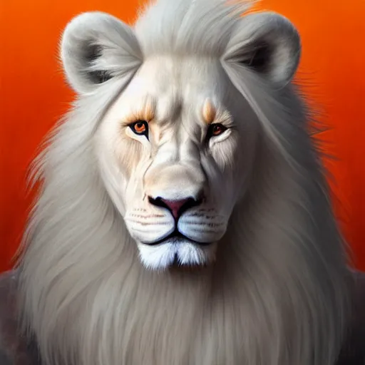 Image similar to aesthetic portrait commission of a of a male fully furry muscular anthro albino lion in orange in full body red jumpsuit outfit like from the film Us (2019) by Jordan Peele ,digital art,art by greg rutkowski, charles bowater, charlie bowater, ross tran, artgerm, and makoto shinkai, detailed face,hyperdetailed,photorealistic,artstation,deviantart,4k,detailed, inked, western comic book art, award winning painting ,high definition