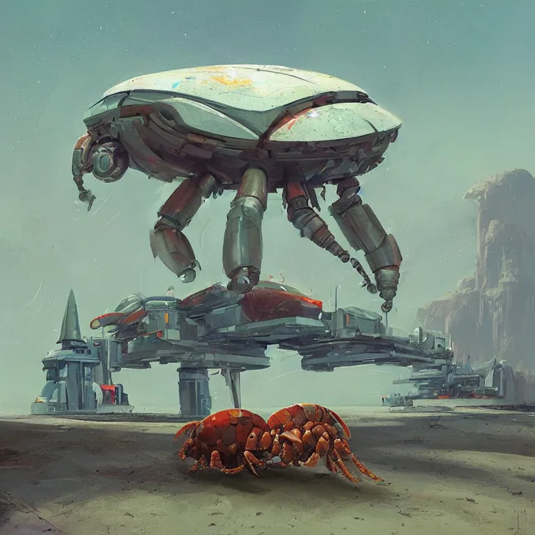 Image similar to mechanical hermit crab, sci-fi concept art, by John Harris, by Simon Stålenhag