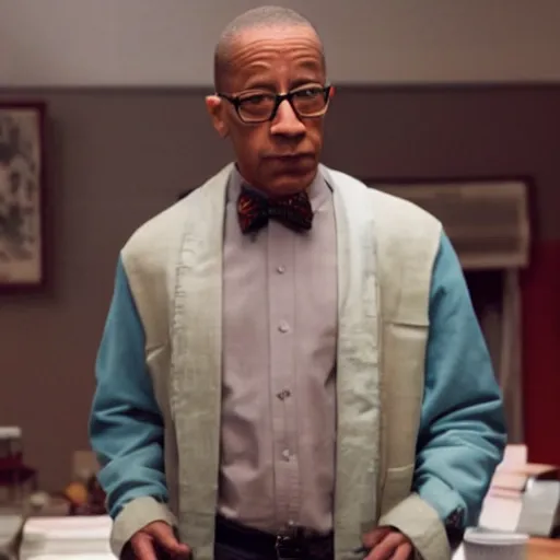 Prompt: still of gus fring dressed like jesse