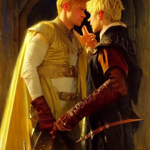 Image similar to handsome arthur pendragon in love with handsome merlin the mage. merlin is also in love with arthur. highly detailed painting by gaston bussiere, craig mullins, j. c. leyendecker