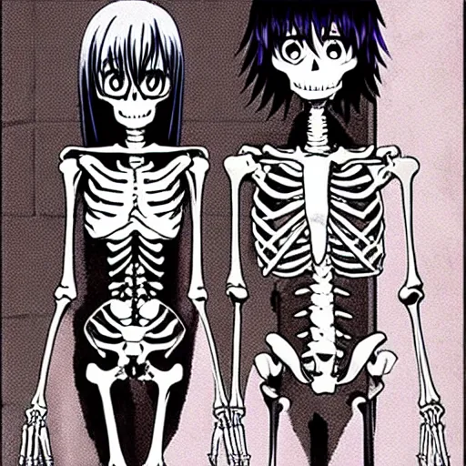 Image similar to a female necromancer and her skeleton friend, from a slice of life anime ; anime key visual by junji ito. tv anime series, kyoto animation.