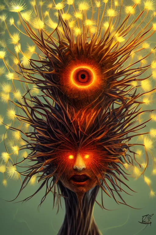 Prompt: a humanoid figure dandelion plant monster, amber eyes, highly detailed, digital art, sharp focus, ambient glow, trending on art station, anime art style