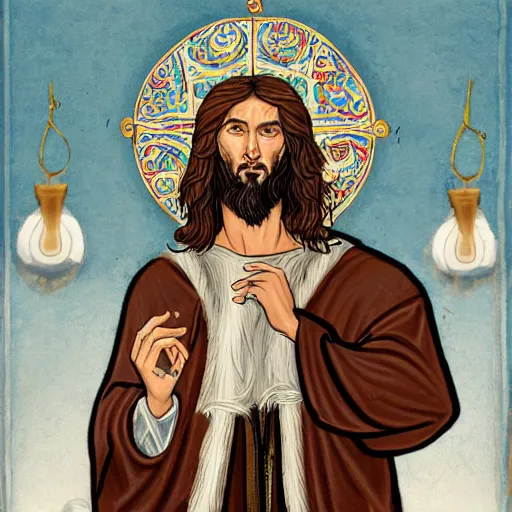 Prompt: a detailed illuminated manuscript of a ridiculously good looking hipster jesus that looks like a jewish gigachad, long curly hair, elegant ancient greek dress, very detailed, coast as the background, drinking espresso at a cafe in jerusalem, wearing a jean jacket and a beenie, waxed beard, very detailed, beautiful, intricate, art by greg rutkowski and rembrandt, octane render