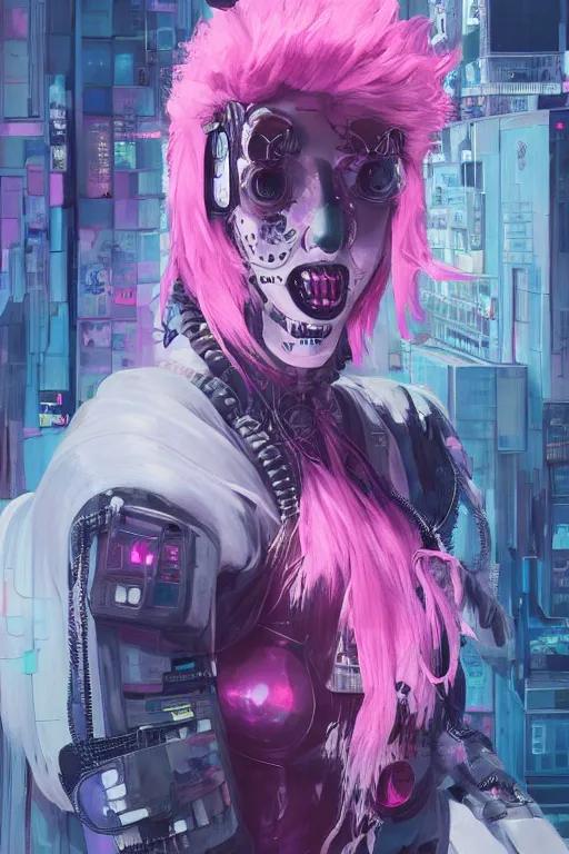 Prompt: creepy clown robot ghost in the shell girl pink hair jump from a building, tears from the eyes, wearing cyberpunk intricate streetwear, beautiful, detailed portrait, intricate complexity, ilya kuvshinov, cell shaded, 4 k, concept art, by wlop, ilya kuvshinov, greg rutkowski