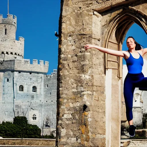 Image similar to beautiful athletic fit female swinging on large lyra hoop, intricate detail, in front of medieval castle in electric - blue color scheme, cinematic composition, photorealistic, 8 k, symmetrical face, backlit, elegant, sharp focus