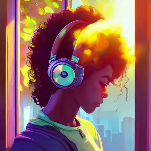 Image similar to lo-fi colorful masterpiece by Ross Tran, WLOP, Dan Mumford, Christophe Vacher, painting, black girl, curly hair, with headphones, studyng in bedroom, window with rio de janeiro view, lo-fi illustration style, by WLOP, by loish, by apofis, alive colors