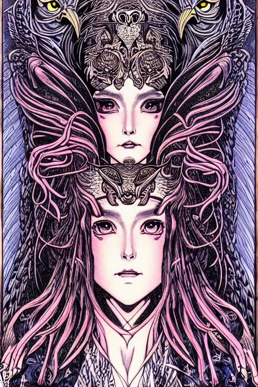 Image similar to illustration of a fire breathing woman with the head of an owl, intricate linework, in the style of moebius, ayami kojima, 1 9 9 0's anime, retro fantasy