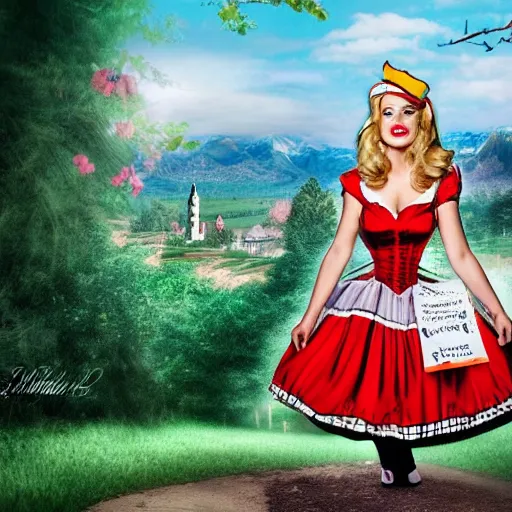 Image similar to a giant alice in wonderland, pin up, houses, trees, mountains, woman, city, digital art, photo