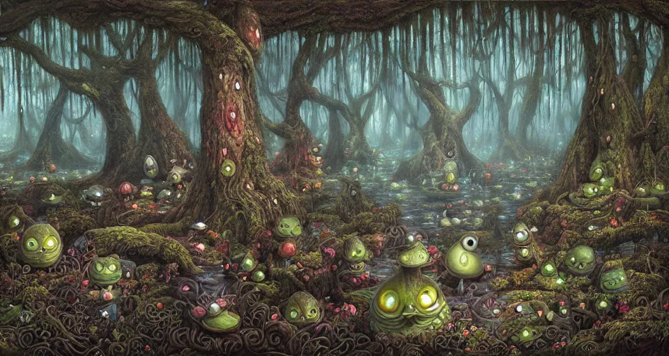 Image similar to A dense and dark enchanted forest with a swamp, by Naoto Hattori