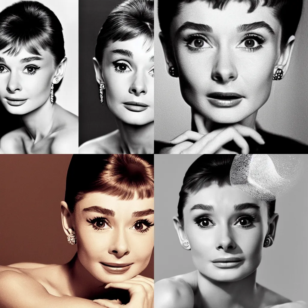 Prompt: portrait of a beautiful 20-year-old Audrey Hepburn by Mario Testino, headshot, hairstyle, detailed, award winning, Sony a7R