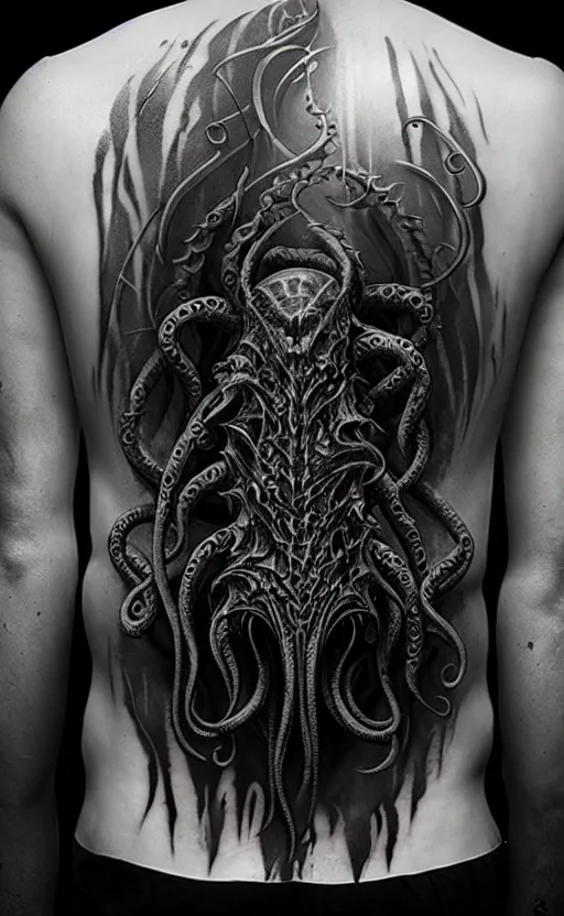 Image similar to photo of a back tattoo, cthulhu by greg rutkowski, by giger, by maxim verehin