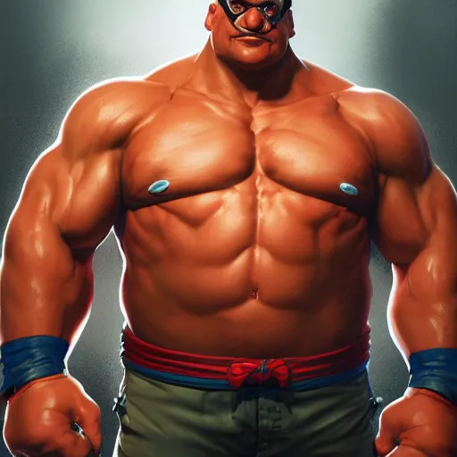 Image similar to wayne knight as e. honda street fighter, portrait, ultra realistic, concept art, intricate details, highly detailed, photorealistic, octane render, 8 k, unreal engine, art by frank frazetta, simon bisley, brom