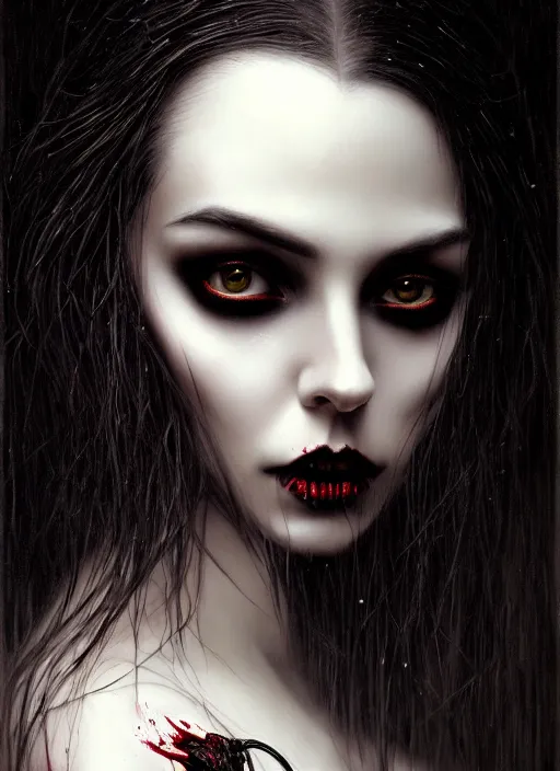 Image similar to highly detailed oil painting | very intricate | cinematic lighting | black, white and blood color scheme, dark background | portrait of a exquisite beautiful vampire woman with long elegant tangles of black hair, eyes, gothic fog ambience, hyper realistic head, fantasy victorian art, in the style of greg rutkowski, zdizslaw beksinski, intricate, alphonse mucha