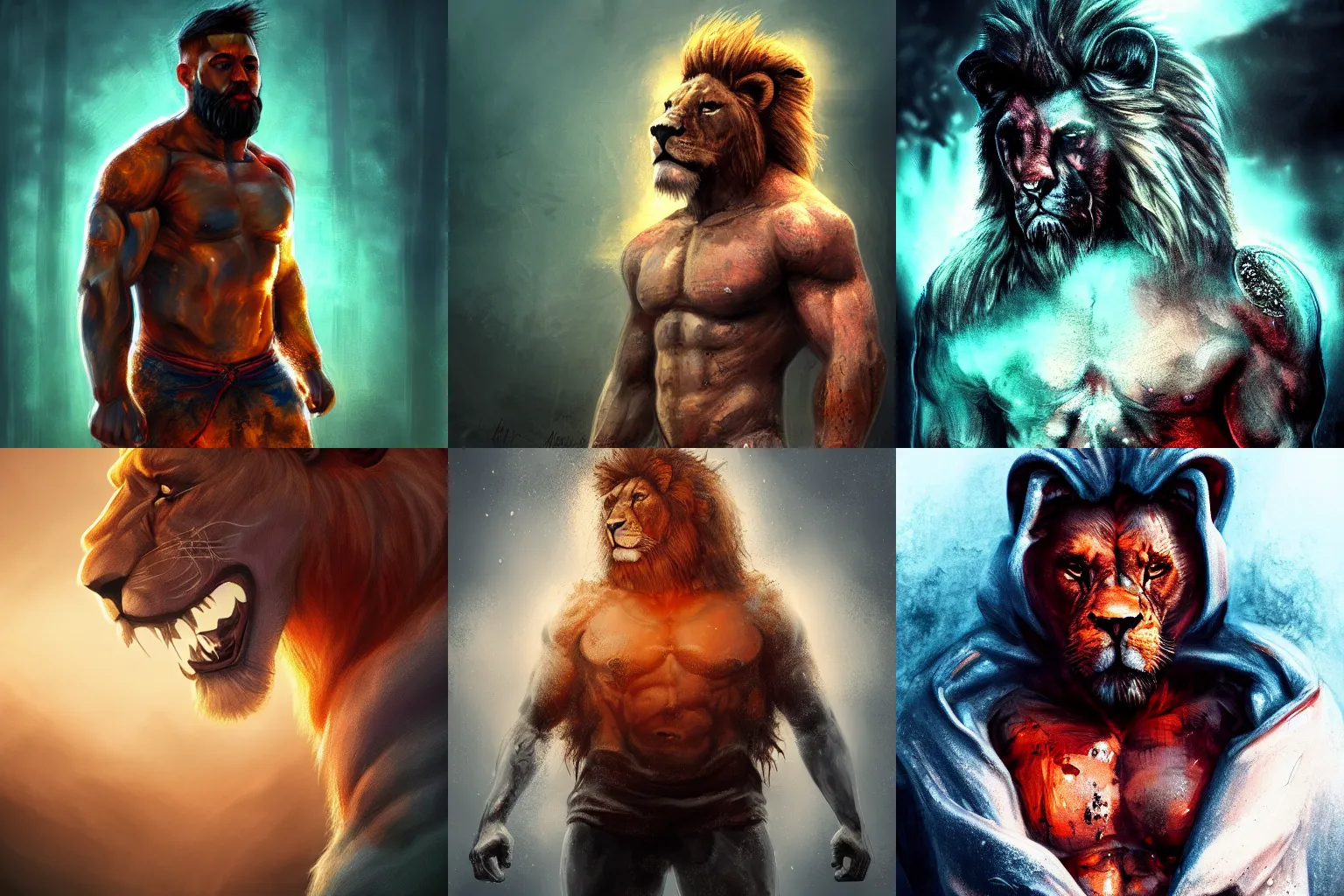 Prompt: high detail cinematic portrait epic pose mutant powerlifter boxer muscular oversized lion wearing dirty bloody hoodie , intricate, elegant, highly detailed, studio backlight , colorful digital painting, artstation, cyan mystic forest , sunset , dramatic clouds, concept art, smooth, sharp focus, illustration