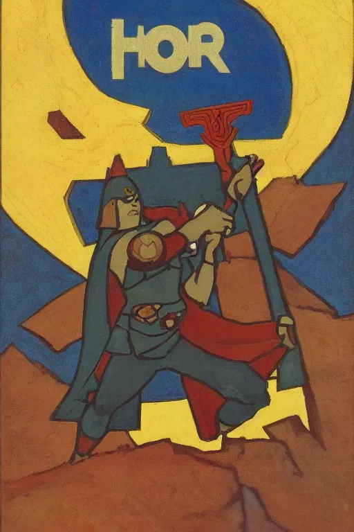 Prompt: thor with hummer, marvel, artwork by nicholas roerich,