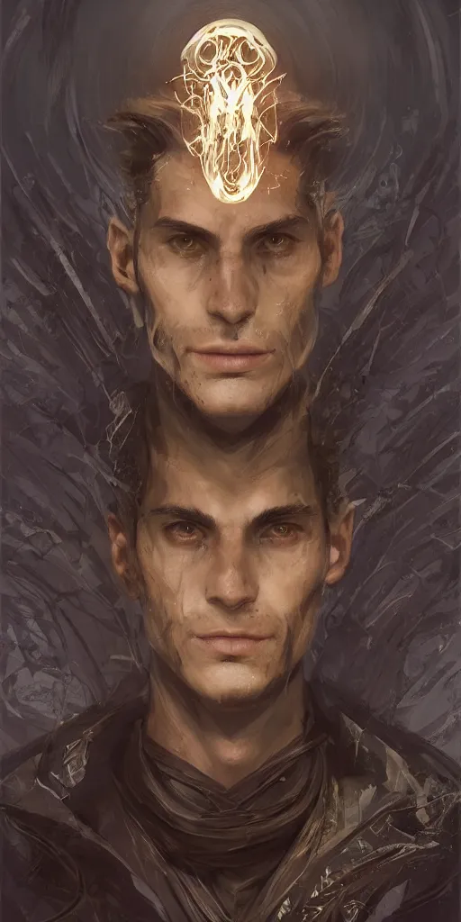 Image similar to a professional full portrait painting of a handsome young wizard olive skin, buzzed short dark hair, beautiful bone structure, symmetrical facial features, casting an evil spell, a floating glowing spellbook, , intricate, elegant, digital painting, concept art, smooth, sharp focus, illustration, from Metal Gear, by Ruan Jia and Mandy Jurgens and Artgerm and William-Adolphe Bouguereau