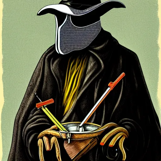 Prompt: graphic illustration, creative design, the plague doctor, biopunk, francis bacon, highly detailed, hunter s thompson, concept art