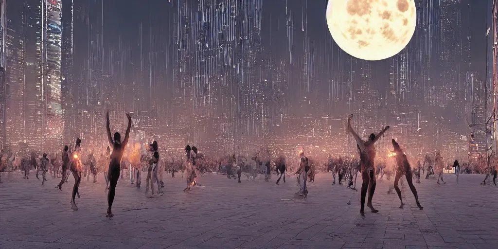 Image similar to people made of intricate luminous dancing at night in the market of a cyberpunk city of low rise buildings punctured here and there by monumental brutalist cubes under a full moon, wide angle, matte painting