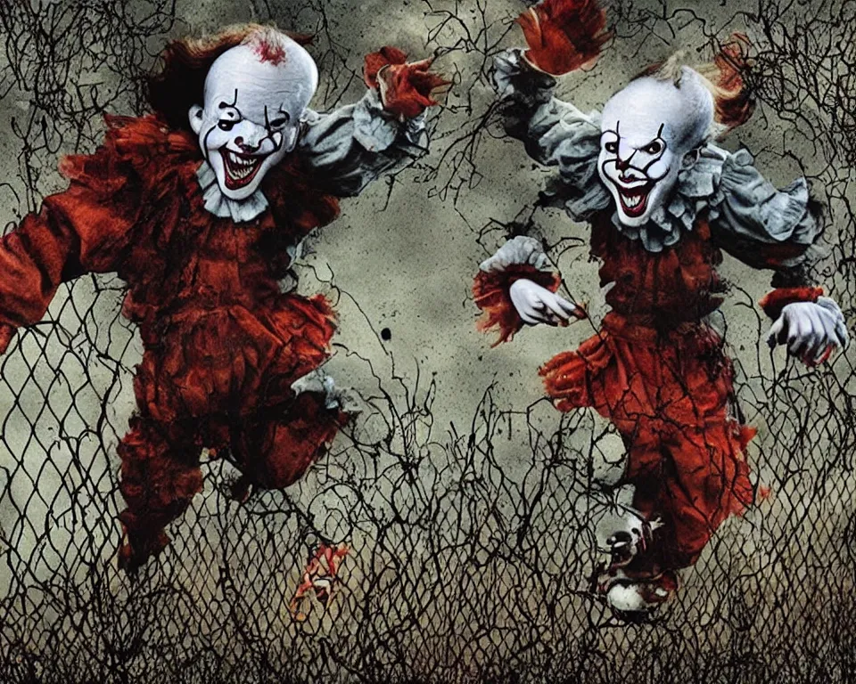 Prompt: a horror movie poster featuring a raidioactive Pennywise jumping through a electric fence