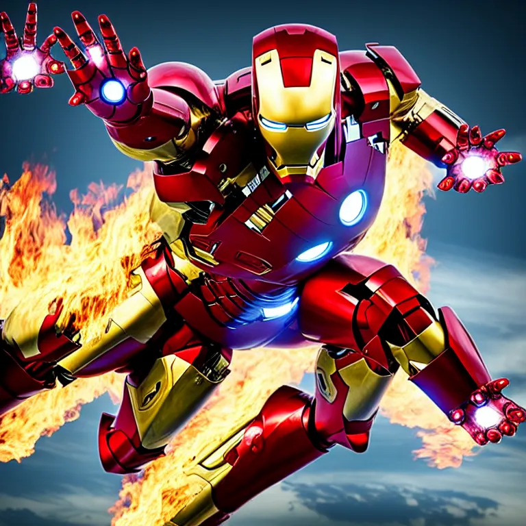Prompt: iron man with fire behind him, movie still, action flying shot, chrome, shiny, reflective, metallic, 3 d render, realistic, hdr, stan winston studios, dramatic lighting, flame colors bright,