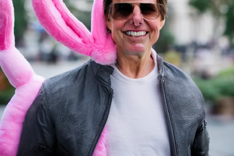 Image similar to Tom Cruise, wearing a pink rabbit costume, portrait photography, depth of field, bokeh