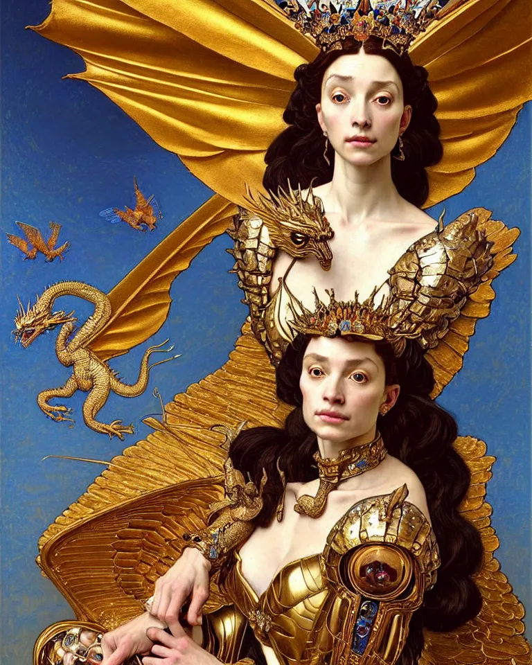 Prompt: portrait of a beautiful queen in winged golden armor decorated by opal stone, with a little dragon on her shoulder, full-length, oil painting in a renaissance style , very detailed, out of focus background, painted by Caravaggio, Greg rutkowski, Sachin Teng, Thomas Kindkade, Alphonse Mucha, Norman Rockwell, Tom Bagshaw