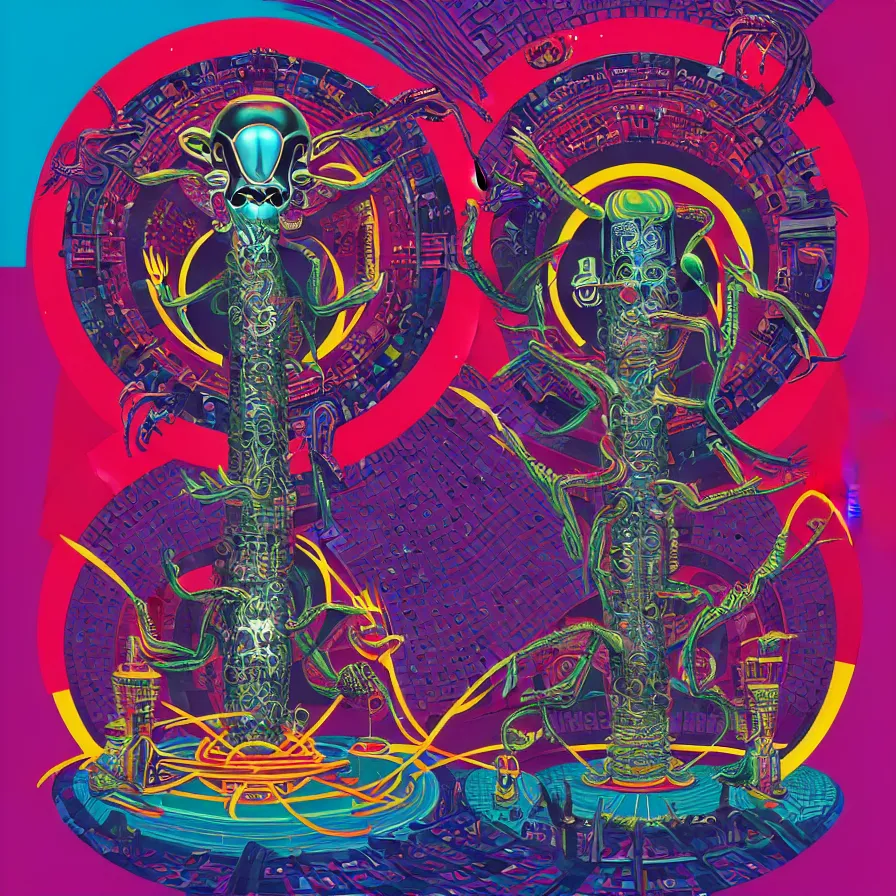 Image similar to album cover design design depicting the alter to the alien machine gods, by jonathan zawada, pi - slices, and tristan eaton, digital art