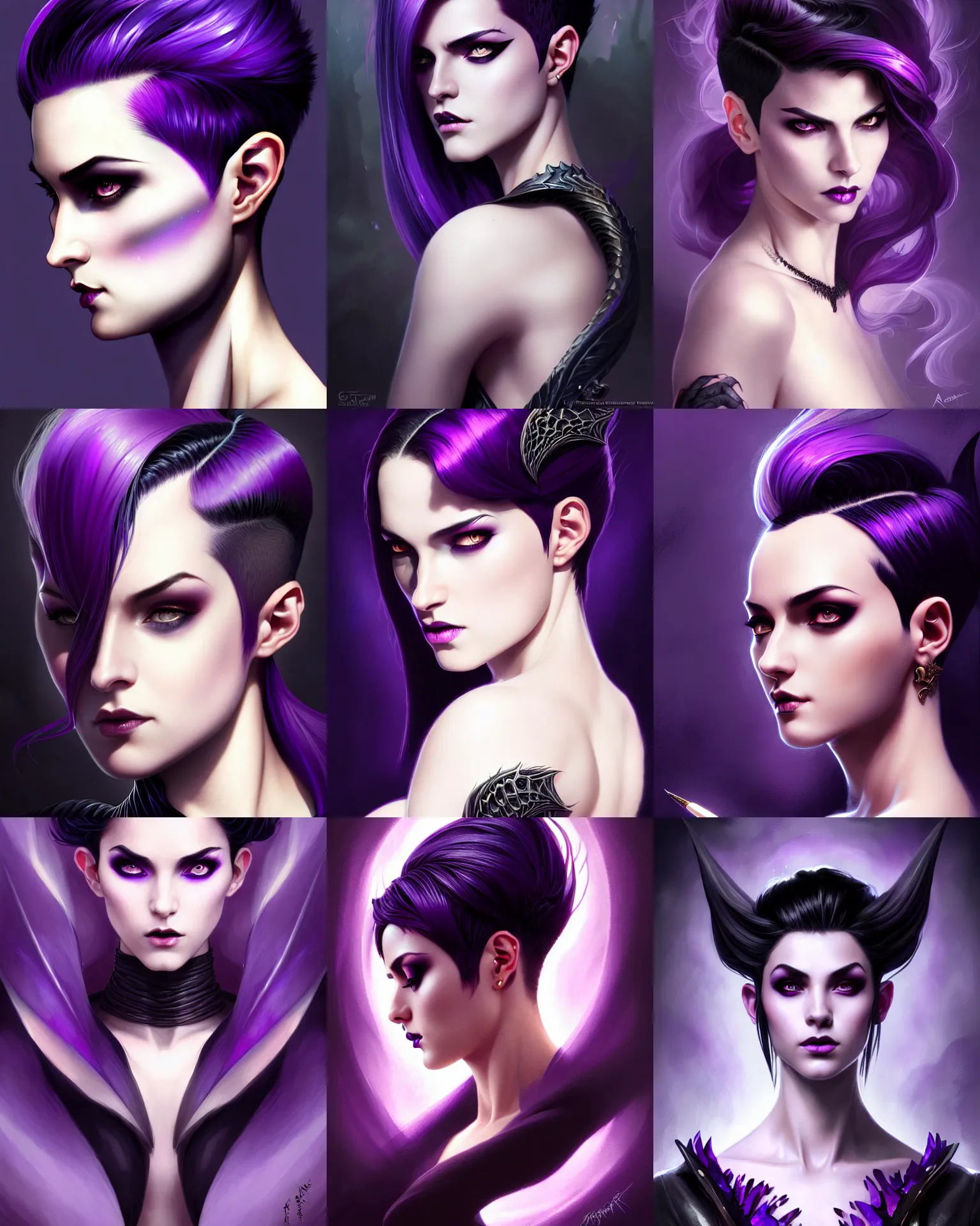Prompt: portrait sexy attractive magic female, dark supervillain, dragon scales, pixie undercut hairstyle, black to purple fade hairstyle, fantasy magic, minimal light night, intricate, elegant, sharp focus, illustration, highly detailed, digital painting, concept art, matte, art by Artgerm and Greg Rutkowski and Alphonse Mucha, masterpiece, Refined, upscaled