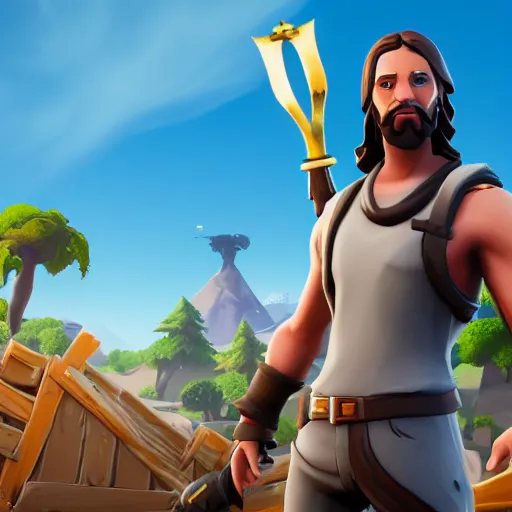 Image similar to screenshot of jesus in fortnite, unreal engine 5, 4 k, render, high definition