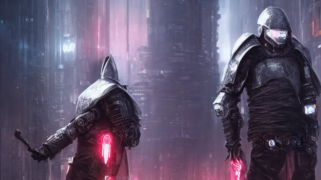 Prompt: Cyberpunk knight, armor with hood, deviantart, 8k, UHD