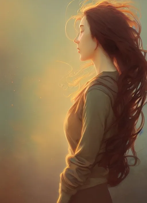 Image similar to handsome young women with shoulder length brown hair, smoke, foggy, half body shot, path traced, highly detailed, high quality, digital painting, alena aenami, lilia alvarado, shinji aramaki, karol bak, alphonse mucha, tom bagshaw