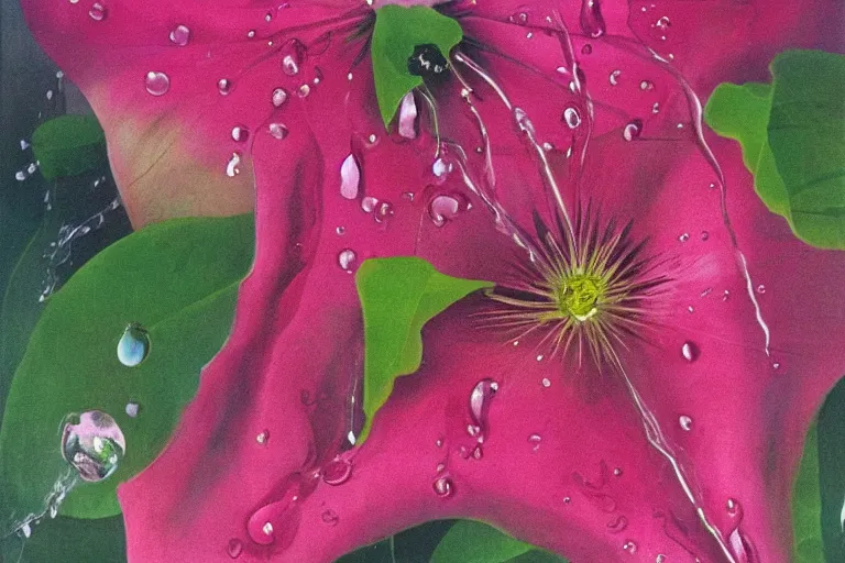 Image similar to pink dripping clematis flower liquefying, each petal dripping with many droplets of viscous pink liquid by salvador dali, oil on canvas