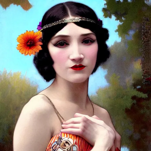 Image similar to a portrait painting of a 1 9 2 0 s woman in a flapper dress, highly detailed, art by tristan eaton and artgerm and william - adolphe bouguereau