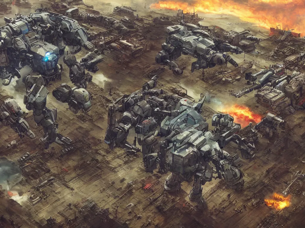 Image similar to ariel view, wide angle view, war mechs fighting, mech battlefield battling, wartorn, desolate gloomy planet, science fiction