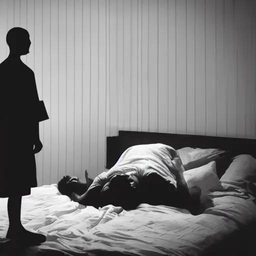 Prompt: hyper realistic photo of a tall black silhouette of a person menacingly standing in front of a person sleeping in bed at a person sleeping in bed