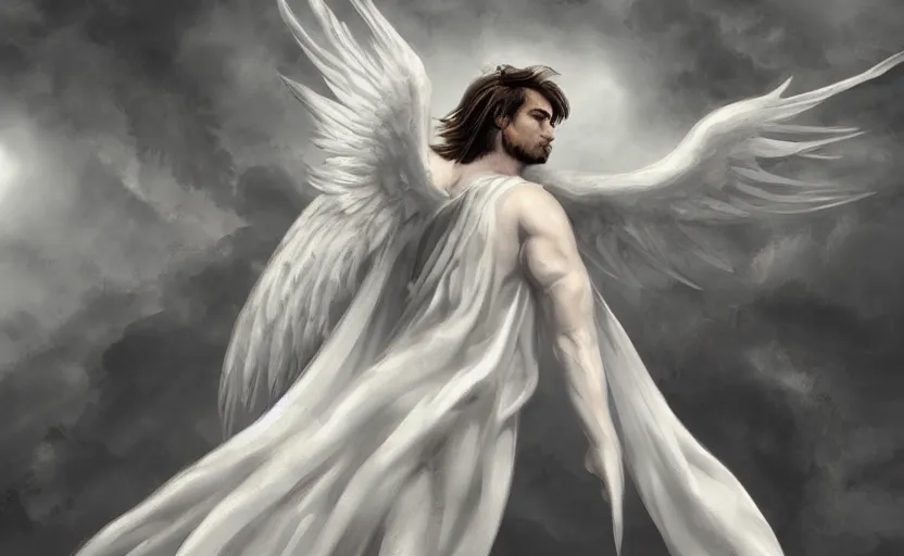 Image similar to a digital concept art of a beautiful male angel wearing white angelic clothes flying among heaven and a detailed face