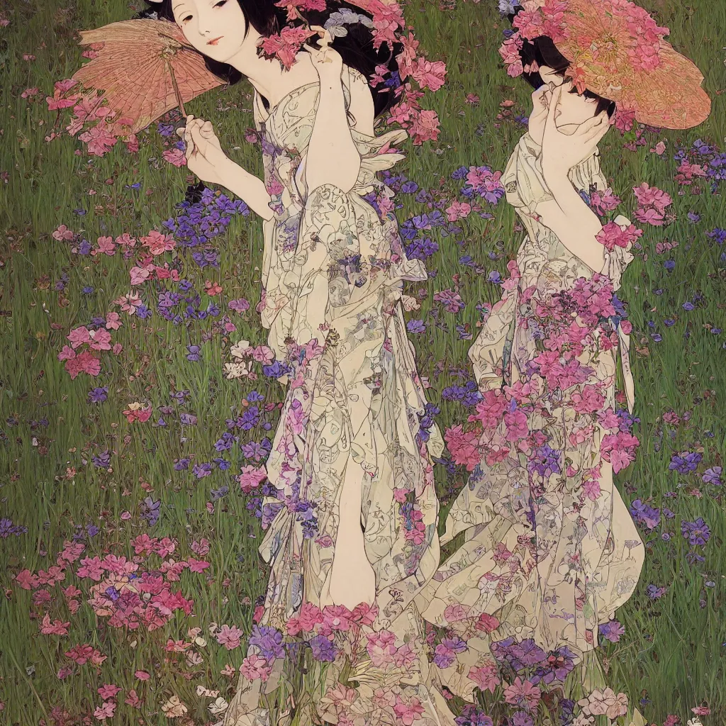 Image similar to oil painting, long shot, beautiful floralpunk japanese girl illustration walking in a park, detailed patterns art of japan traditional dress, flower pop art, floral splash painting, art by ashley wood, alphonse mucha, makoto shinkai, geof darrow, dark shadow