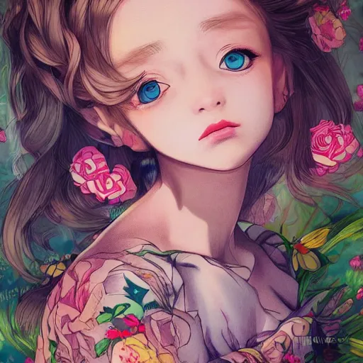 Image similar to tattooed little girl with flowers in hair wearing an white dress. art by ilya kuvshinov, profile picture, inspired in hirohiko araki, highly detailed, 8 0 s anime art style, realistic, vogue cover