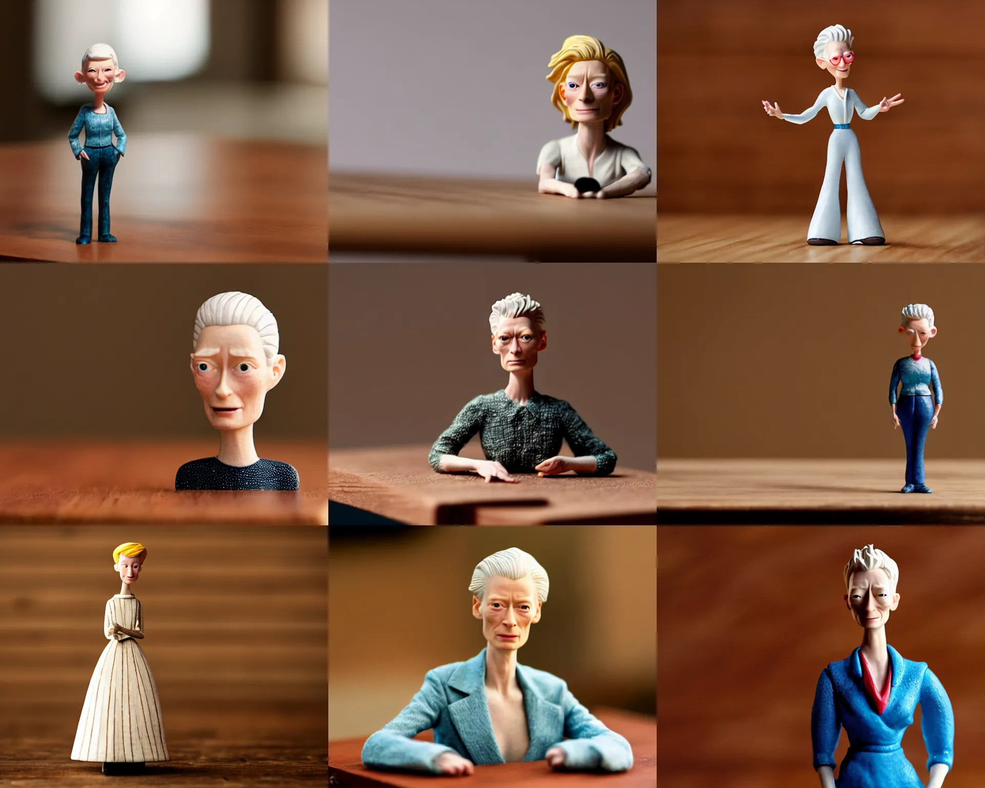 Prompt: Tilda Swinton figurine by Pixar sad bokeh on wooden table.