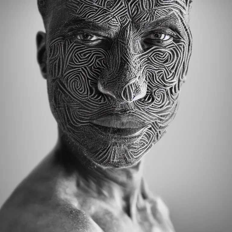 Image similar to surreal spinal ribbed tribal exotic organic face portrait of a beautiful aboriginal man, beautiful detailed intricate insanely detailed BW 3D render digital art, octane render, 8K artistic photography, photorealistic