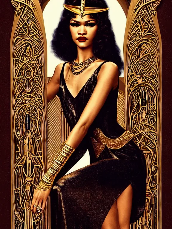 Image similar to Zendaya as Bast the Egyptian goddess, a beautiful art nouveau portrait by Gil elvgren, moonlit Nile river environment, centered composition, defined features, golden ratio, intricate gold jewlery featured in vogue, skincare, makeup