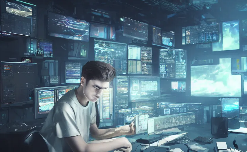 Image similar to a young man in front of computer screens, sci-fi, digital art, rendering, octane, redshift, 4k