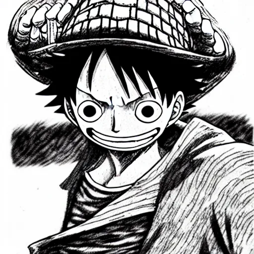 Prompt: Luffy (One Piece, 1997 ), artwork by kentaro miura, Kentaro Miura style, Berserk Style, High details, cinematic composition, manga, black and white ink style, a lot of details with ink shadows