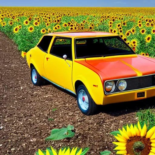 Prompt: A photograph of an AMC Gremlin in a field of sunflowers.